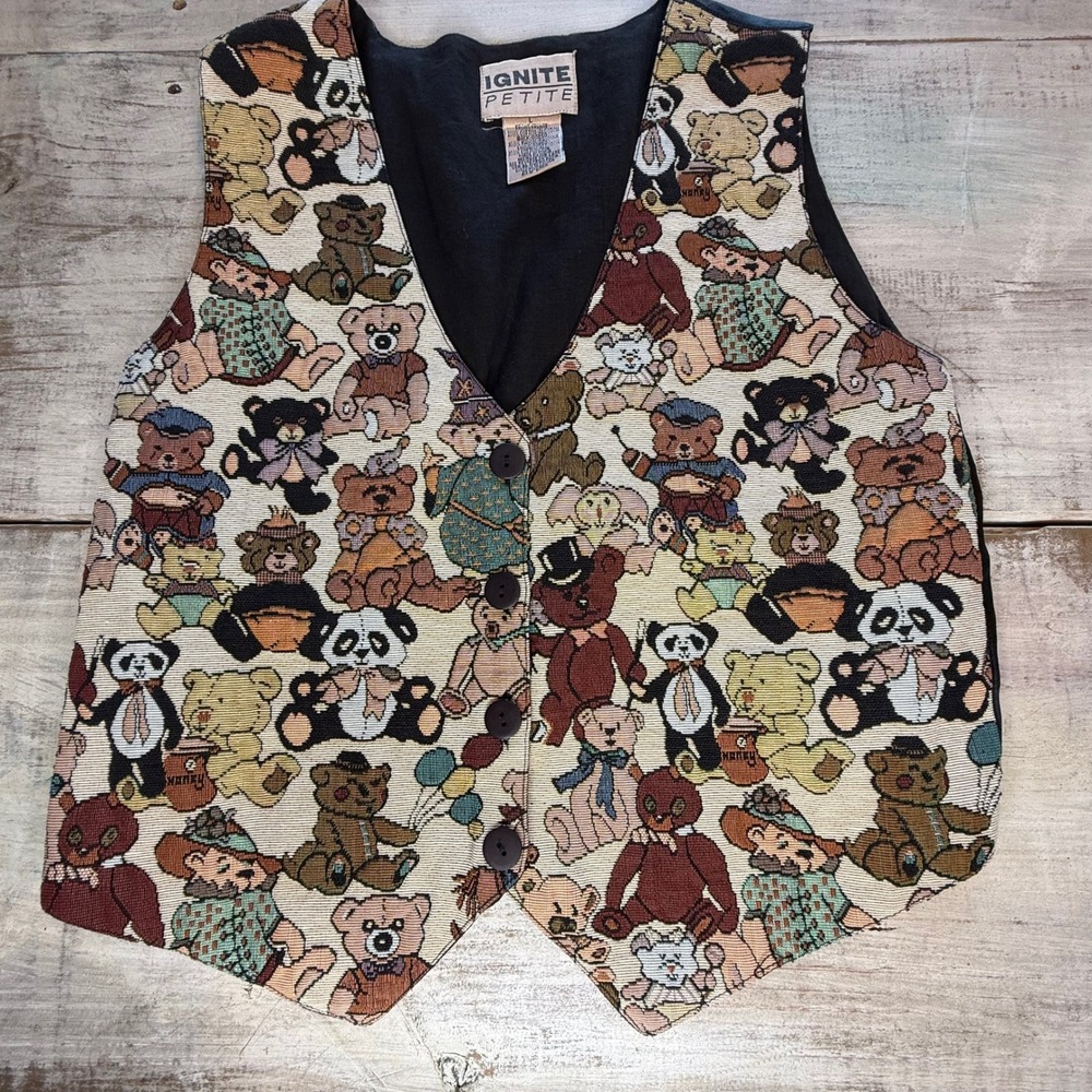 Vintage‎ Ignite Petite Teddy Bear Tapestry Vest Women's Size L Button Front EUC